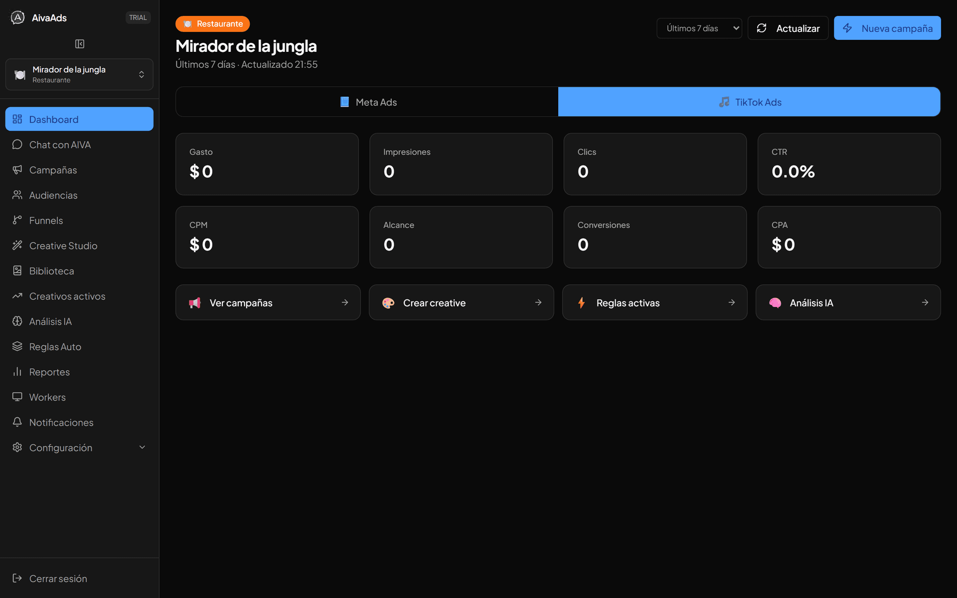 Dashboard de Aiva Ads con métricas de Meta, TikTok y Google